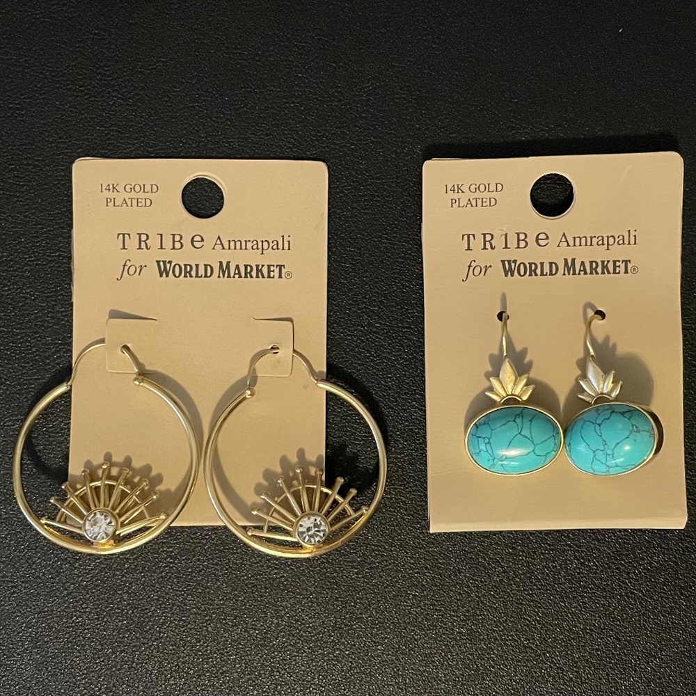 NWT Tribe Amrapali x World Market 14k Gold Crystal Hoop Dangle Turquoise Earring